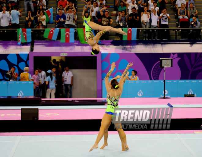 Akrobatika gimnastikası üzrə qadınlar arasında çoxnövçülük yarışlarının final mərhələsi. Bakı, Azərbaycan, 19 iyun 2015